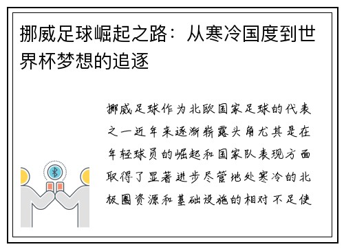 挪威足球崛起之路：从寒冷国度到世界杯梦想的追逐